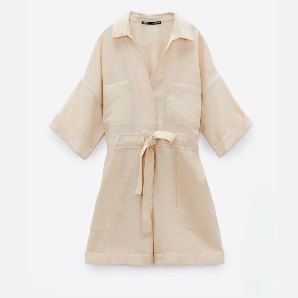 Zara Cream Lyocell Utility Romper XS Short Sleeve Tie Waist ✨